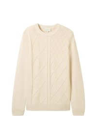 Crème-kleurige gebreide sweater met een getextureerd ruitpatroon, ribgebreide manchetten en zoom. Klassieke ronde halslijn en een relaxte pasvorm.
