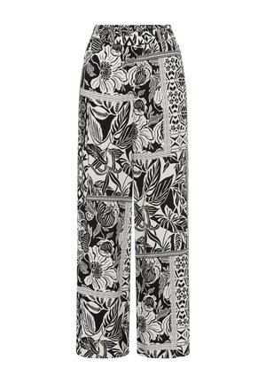 Black and white wide-leg pants with an elastic waistband featuring floral and geometric patchwork patterns.
