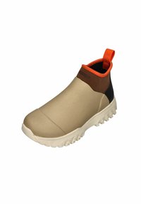 Beige wasserfeste Knöchelstiefelette mit strukturiertem Gummisohle, orangefarbenen und braunen Akzenten sowie einer Schlaufe für einfaches Anziehen. Glattes, flexibles Material.