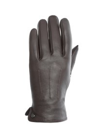 Ruda odinė pirštinė su lygiu paviršiumi, penkiais pirštais, trimis dekoratyvinėmis siūlėmis ant nugaros ir mažu apvaliu metaliniu akcentu ant rankovės.