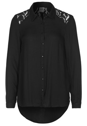 Schwarze langärmelige Bluse mit Knopfleiste, Spitzeneinsätzen an den Schultern, klassischem Kragen und abgerundetem Saum, etikettiert mit Vero Moda.