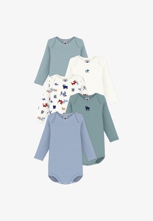 Sada pěti body s dlouhým rukávem v různých barvách: světle modré s pruhy, krémové s motivy zvířat, jednobarevné petrolejové a bílé s detaily.