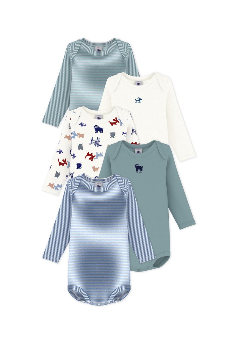 Σετ πέντε κορμάκια μακρυμάνικα σε διάφορα χρώματα: ανοιχτό μπλε με ρίγες, κρεμ με ζωικά σχέδια, μονόχρωμο τυρκουάζ και λευκό με λεπτομέρειες.