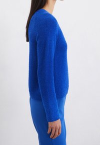 Blauwe textuurtrui met lange mouwen, ronde halslijn en een losse pasvorm. Draagt bijpassende blauwe broek, tentoongesteld tegen een witte achtergrond.