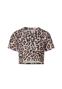 Korte t-shirt in licht beige, met een zwart en bruin luipaardprintpatroon, ronde hals en korte mouwen met een relaxte pasvorm.