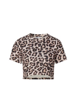 Korte t-shirt in licht beige, met een zwart en bruin luipaardprintpatroon, ronde hals en korte mouwen met een relaxte pasvorm.