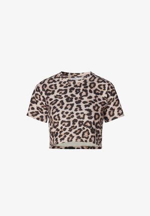 T-shirt corta in beige chiaro, con motivo maculato nero e marrone, scollatura rotonda e maniche corte con vestibilità rilassata.