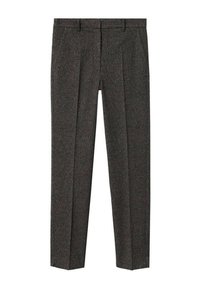 Pantalon de costume gris foncé sur mesure avec un motif à carreaux subtil, plis devant, poches latérales et passants de ceinture.