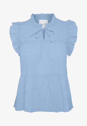 Top azzurro chiaro a maniche corte con maniche a balze, scollatura rotonda e dettaglio con fiocco sulla parte anteriore. Tessuto testurizzato con orlo svasato.