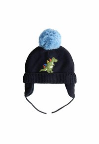 Tumesinine heegeldatud müts sinise tutiga, mille tagaküljel on roheline dinosauruse tikand värvikate harjastega ning soojenduseks kõrvaklapid.