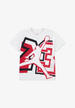 White cotton t-shirt featuring a large red and black graphic with the number 23 and a basketball player silhouette in action.