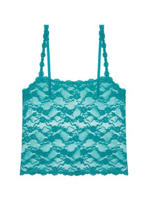 Camică din dantelă teal cu model floral, margini ondulate, bretele subțiri ajustabile decorat cu flori din dantelă și un mic fundiță în centrul frontal.