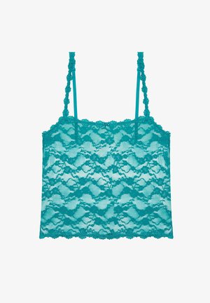 Camică din dantelă teal cu model floral, margini ondulate, bretele subțiri ajustabile decorat cu flori din dantelă și un mic fundiță în centrul frontal.