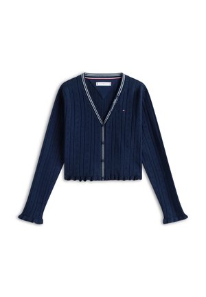Cardigan en tricot bleu marine avec col en V rayé blanc, fermeture à boutons, manches longues, ourlet festonné et logo Tommy Hilfiger sur la poitrine.