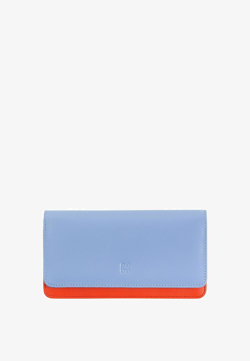 Portefeuille en cuir bleu et orange avec une finition lisse, de forme rectangulaire et un design plié. Présente une marque en relief à l'avant.