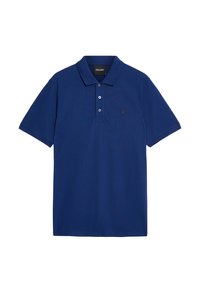 Mörkblå polo-shirt i bomull, med standardkrage, två knappar, kort ärm och en liten logotyp på vänster bröst.