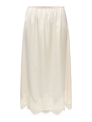 Kremfarget satengskjørt med elastisk midjebånd og blonder langs den bølgete kanten, midilengde.