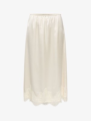 Satynowa spódnica na suwak w kolorze kremowym, z elastycznym paskiem w talii i koronkową lamówką wzdłuż falistego brzegu, o długości do połowy łydki.