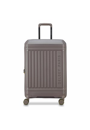 Maleta rígida gris con estrías verticales, cuatro ruedas giratorias, asa telescópica y logo "Delsey Paris" en el frente.