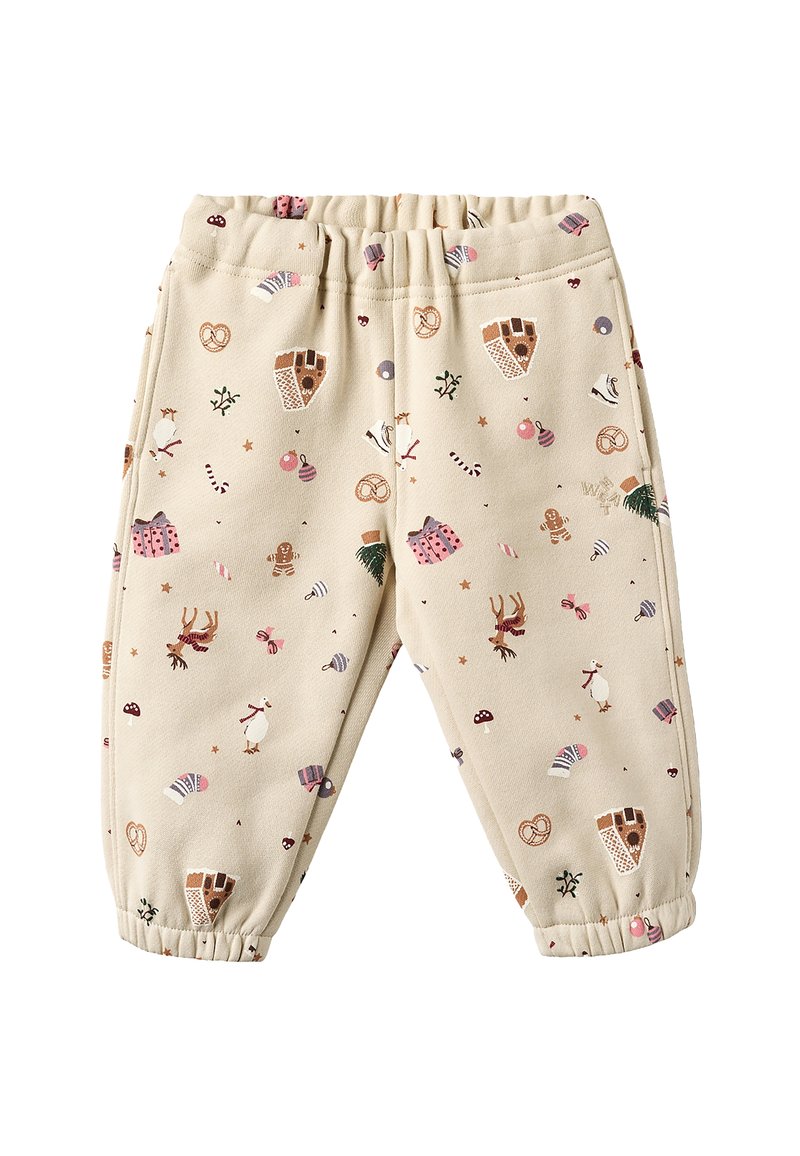 Beige børnebukser med mønster og elastisk taljebånd, med designs af slik, ornamenter og dyr over hele stoffet.