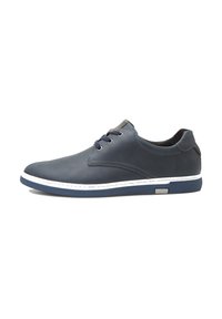 Navy leather lace-up shoes with a smooth finish, white midsole, and textured blue rubber sole. Features subtle stitching details.