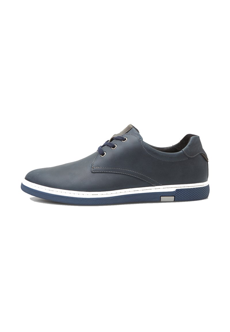 Navy leather lace-up shoes with a smooth finish, white midsole, and textured blue rubber sole. Features subtle stitching details.