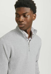 Maglione grigio a zip realizzato in tessuto morbido, con colletto alto e dettagli a costine. Indossato sopra una camicia a righe con bottoni.