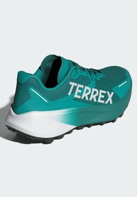 Scarpa da corsa teal con tomaia in mesh testurizzato, grande logo bianco "TERREX" e suola in gomma multicolore per aderenza.