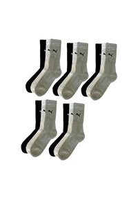 Five sets of three Puma crew socks in black, white, and grey, arranged in a grid on a white background.