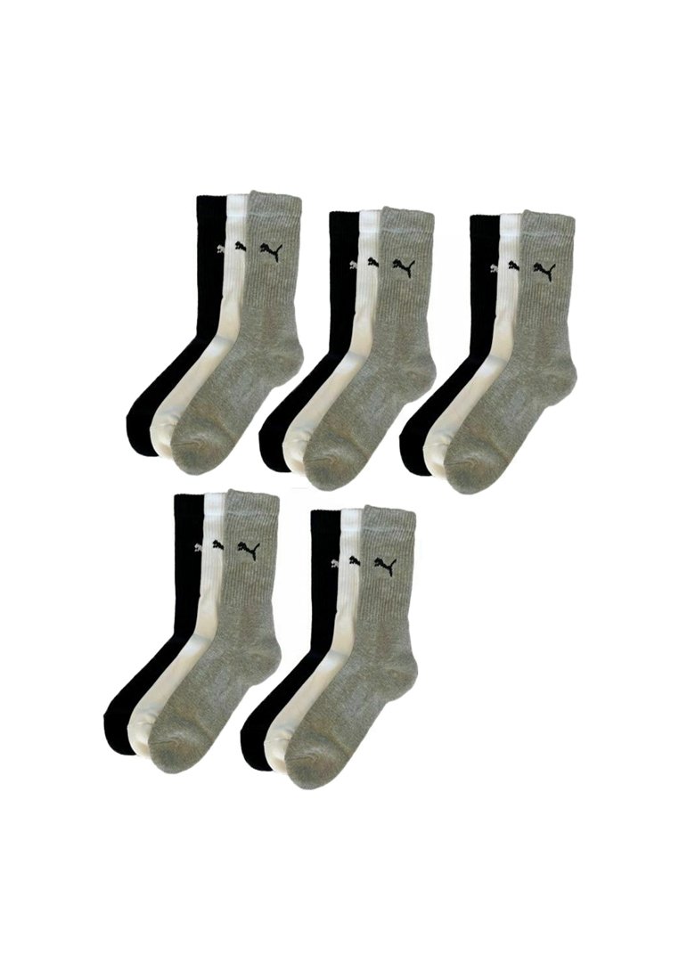 Five sets of three Puma crew socks in black, white, and grey, arranged in a grid on a white background.