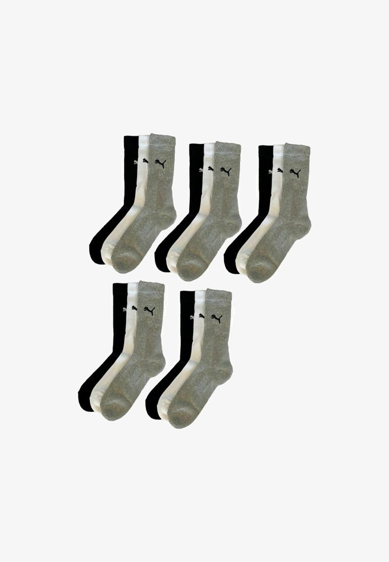 Five sets of three Puma crew socks in black, white, and grey, arranged in a grid on a white background.