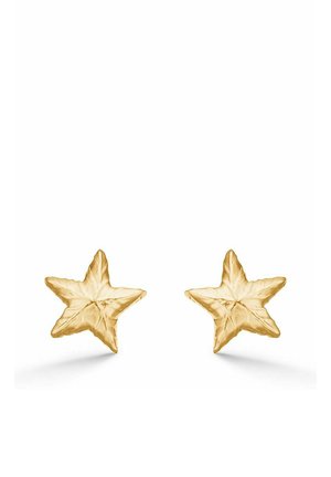 Øreringe med guldformede stjerner med teksturerede overflader, vist på en hvid baggrund.