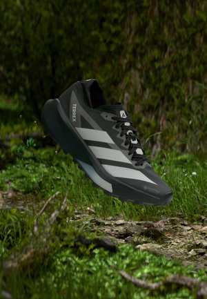 Czarno-szary but do biegania terenowego Adidas Terrex zawieszony nad skalistym leśnym podłożem z zielonym listowiem w tle.