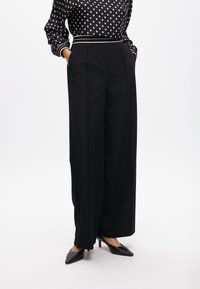 Black wide-leg trousers with a smooth texture, featuring side pockets and a fitted waistband. Paired with a polka dot blouse and pointed heels.