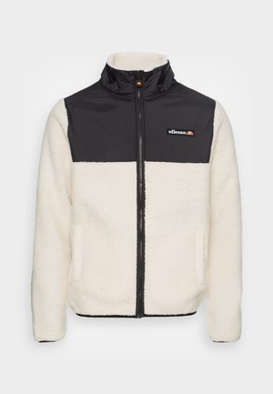Fleece jacket with cream body and black nylon upper. Features a high collar, front zipper, and two side pockets. Logo on chest.