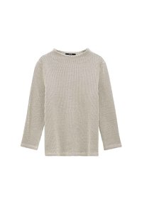 Beige Langarmshirt mit strukturiertem Karomuster. Rundhals und gerade geschnitten, aus weichem, leichtem Material.