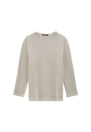 Lange mouwen top in beige met een gestructureerd ruitpatroon. Ronde halslijn en rechte snit, gemaakt van zachte, lichte stof.