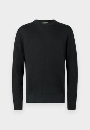 Črn pulover s dolgimi rokavi in okroglim izrezom z rebrastimi manšetami in robom, prikazan na svetli enotni podlagi.