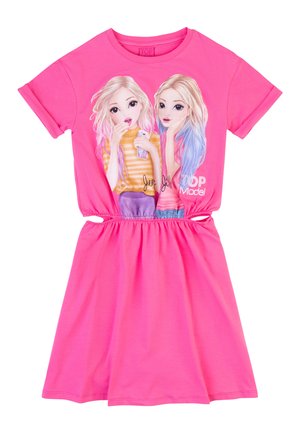 Rosa Kleid mit kurzen Ärmeln, das auf der Vorderseite eine Grafik von zwei stilisierten Figuren zeigt. Die Taille ist mit einem elastischen Band gerafft.