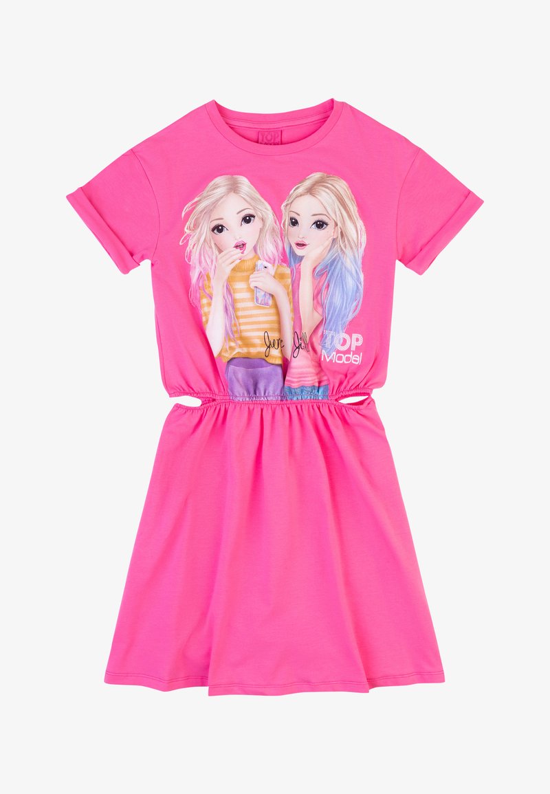 Rosa Kleid mit kurzen Ärmeln, das auf der Vorderseite eine Grafik von zwei stilisierten Figuren zeigt. Die Taille ist mit einem elastischen Band gerafft.