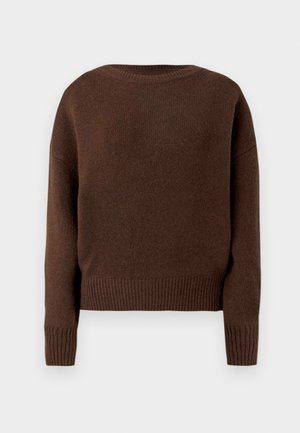 Brown knitted sweater with a crew neckline, ribbed cuffs and hem, featuring a relaxed fit and soft texture. Plain without patterns or accents.