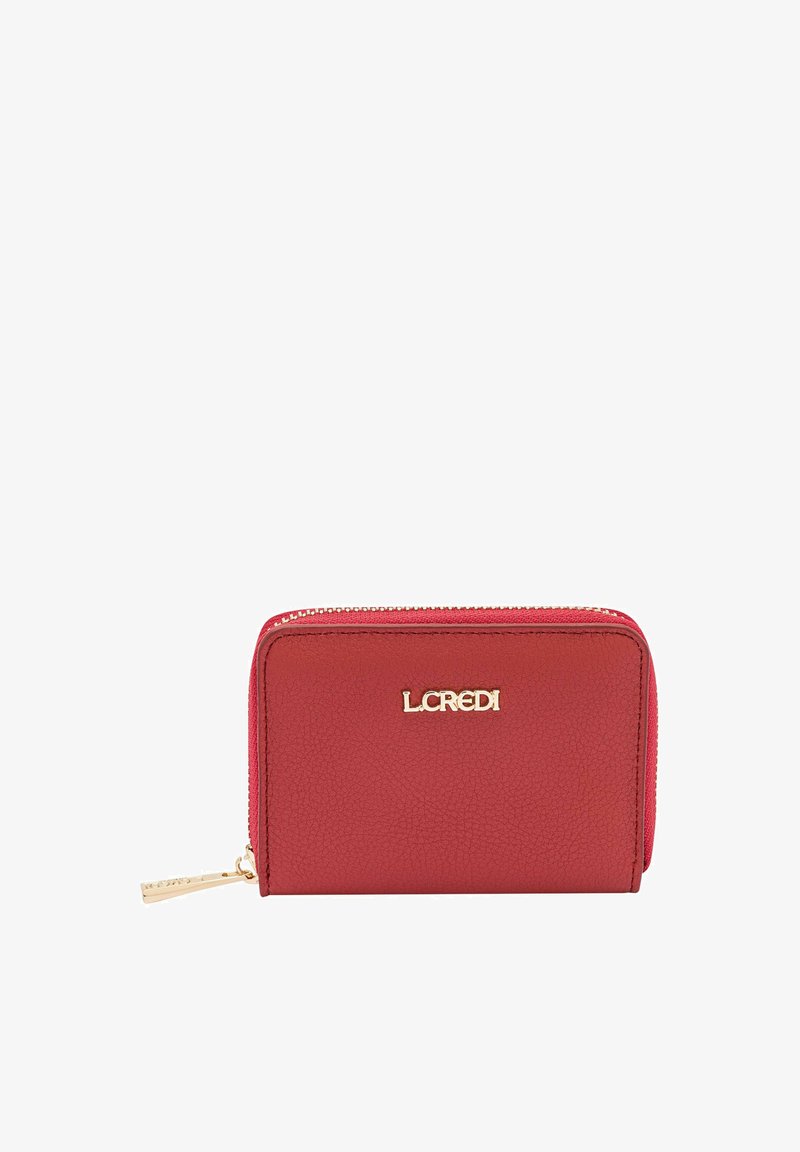 Rode textuur leren portemonnee met gouden "LCREDI" logo, ritssluiting en een kleine gouden hardware accent. Compac ontwerp voor opslag en duurzaamheid.