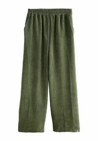 Green corduroy wide-leg pants with an elastic waistband and side pockets. Features vertical ribbed texture and a relaxed fit.
