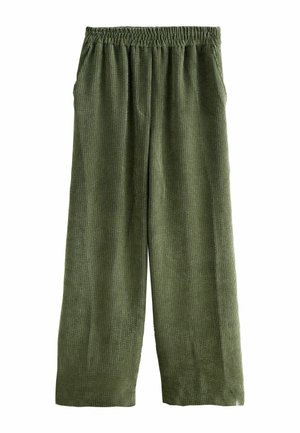 Green corduroy wide-leg pants with an elastic waistband and side pockets. Features vertical ribbed texture and a relaxed fit.
