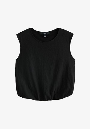 Schwarzes ärmelloses Oberteil aus strukturiertem Stoff mit rundem Ausschnitt und gerafftem Saum. Das Etikett zeigt die Marke "NEXT."