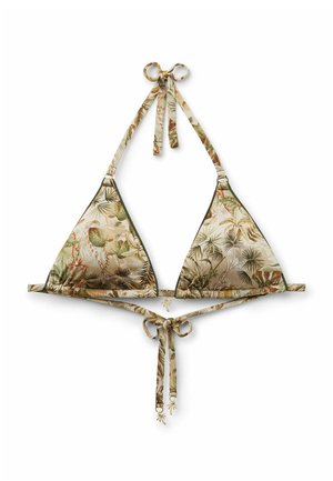 Dreieck-Bikinioberteil mit tropischem Blatt- und Blumenmuster in Grün- und Beigetönen, mit Neckholder und Rückenbändern zum Binden, verziert mit kleinen dekorativen Anhängern.