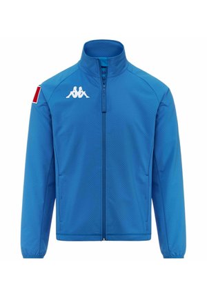 Giacca blu con zip, realizzata in materiale leggero, con un motivo testurizzato, logo Kappa in bianco e accento rosso sulla manica sinistra.