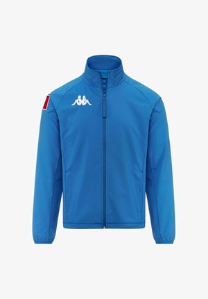 Giacca blu con zip, realizzata in materiale leggero, con un motivo testurizzato, logo Kappa in bianco e accento rosso sulla manica sinistra.