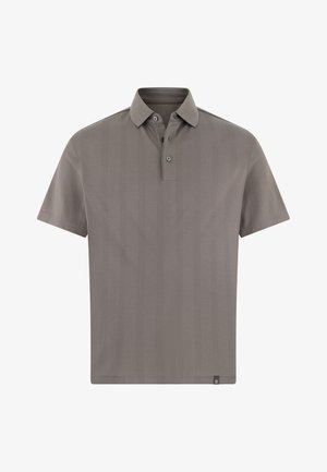 Polokošile s krátkým rukávem v světle šedé barvě, vyrobená z texturované látky s vertikálními pruhy, s límečkem a zapínáním na tři knoflíky.