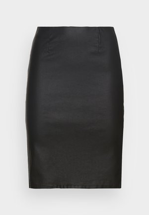 Jupe crayon noire en tissu lisse, avec un design mi-long, une silhouette structurée et un minimum de détails. Aucun fermoir visible.